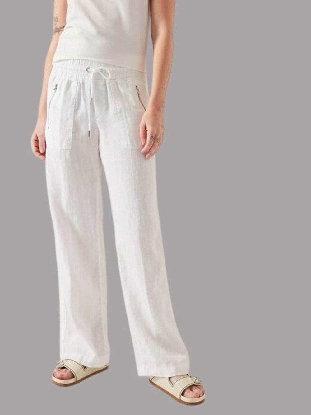 Athleta Size 4 Cargo Linen Wide-Leg Flowy Pants White Drawstring - Picture 1 of 8